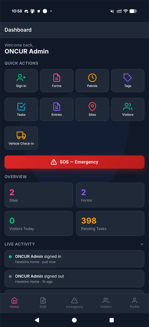 The ONCUR mobile application showing quick actions, the SOS emergency button, site overview and live activity.
