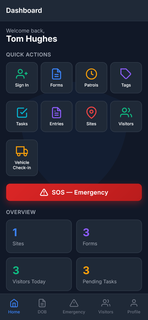 The ONCUR mobile application showing quick actions, the SOS emergency button, site overview and live activity.
